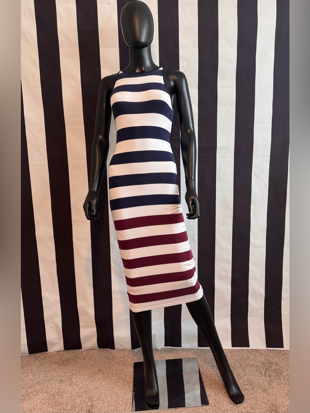 Striped Navy, White & Burgundy Midi Bodycon Dress